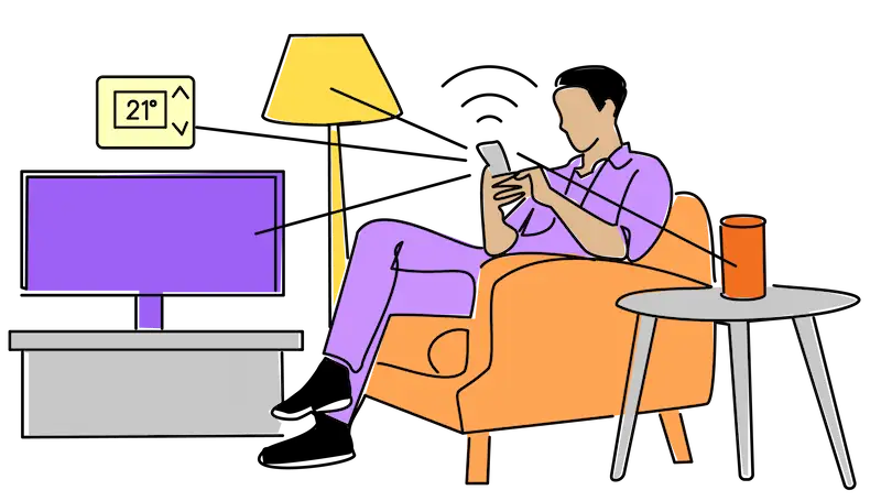 A man sitting in a chair, holding a phone, with a television visible in the background.