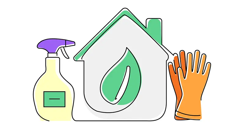 Illustration showcasing house cleaning services, highlighting cleaning equipment and a clean, organized living space.