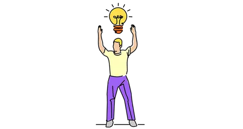 A man holds a light bulb above his head, showcasing it with both hands against a neutral background.