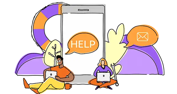 Help icon featuring people sitting on the ground, symbolizing support and community assistance.