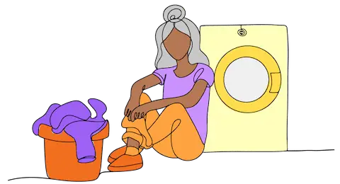 illustration of a woman leaning on a dyer with a basket of clothes in front of her