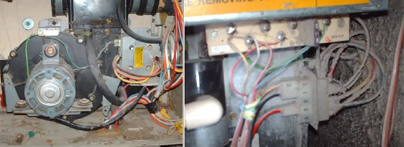 Two images of a machine featuring intricate wires and connections, showcasing its complex design and functionality.