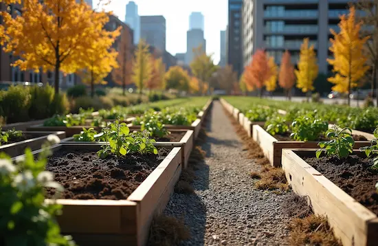 A row of raised garden beds filled with various plants and small trees, showcasing a vibrant green landscape.