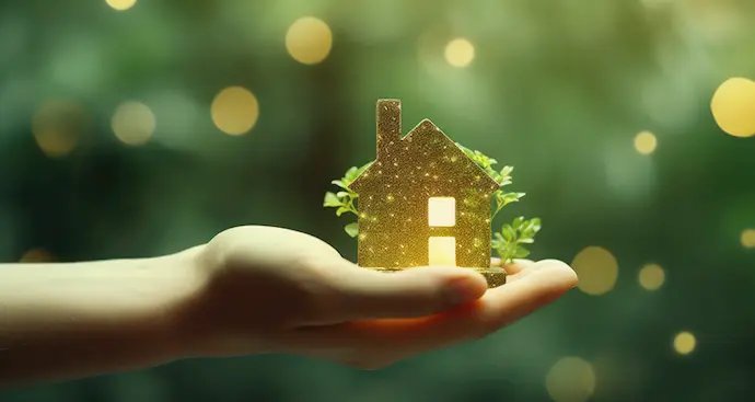 A hand holds a small house surrounded by green leaves, with a soft bokeh effect in the background.