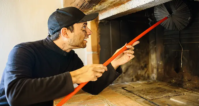 Man cleaning fireplace with wire brush