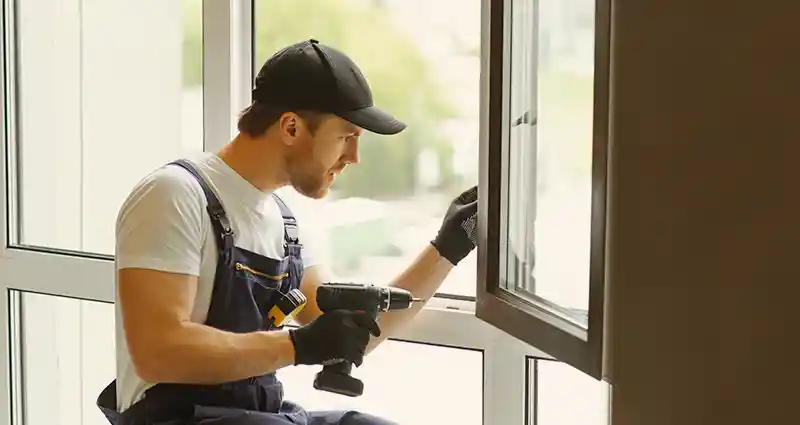 A man in overalls and gloves is repairing a window, focused on his task with tools in hand.