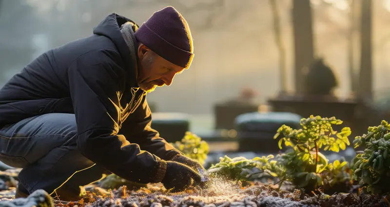 A man kneels in the snow, reaching down to gather small plants from the ground.