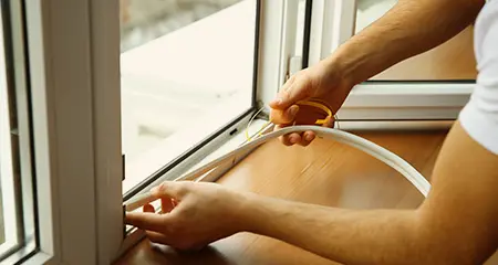 Man replaces weather stripping in window