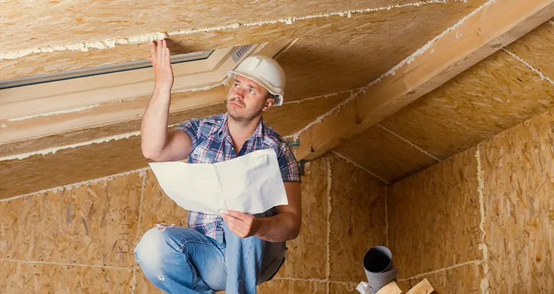 A man wearing a hard hat and helmet holds a piece of paper, likely reviewing construction plans or safety guidelines.