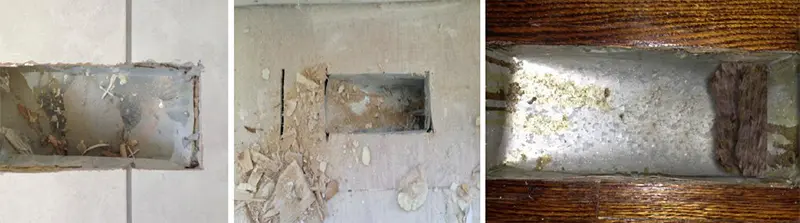 Four images showing a wall with various holes, highlighting different sizes and shapes of the openings.