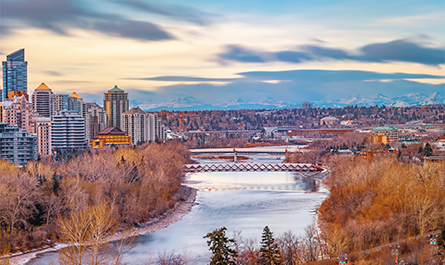 Fall aerial view of the bow river and downtown Calgary