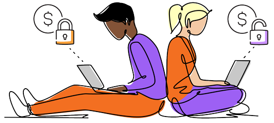 two people back to back sitting on the floor each with a laptop reviewing different plans