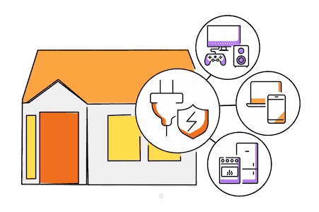 Illustration of house featuring a computer, phone, and multiple connected devices, showcasing surge protection