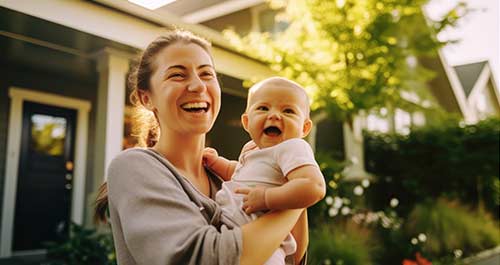 Mom holding baby and laughing