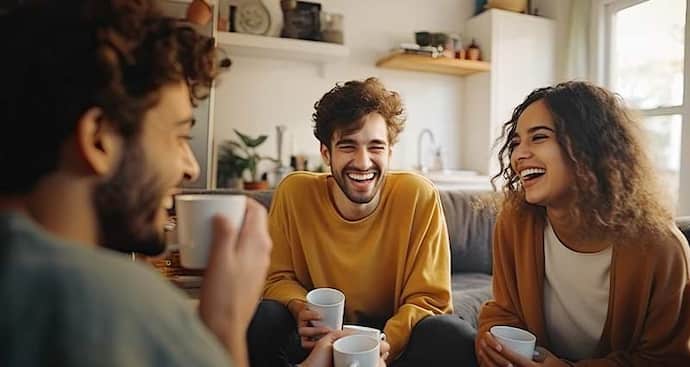 Three friends drinking warm beverages laughing on couch