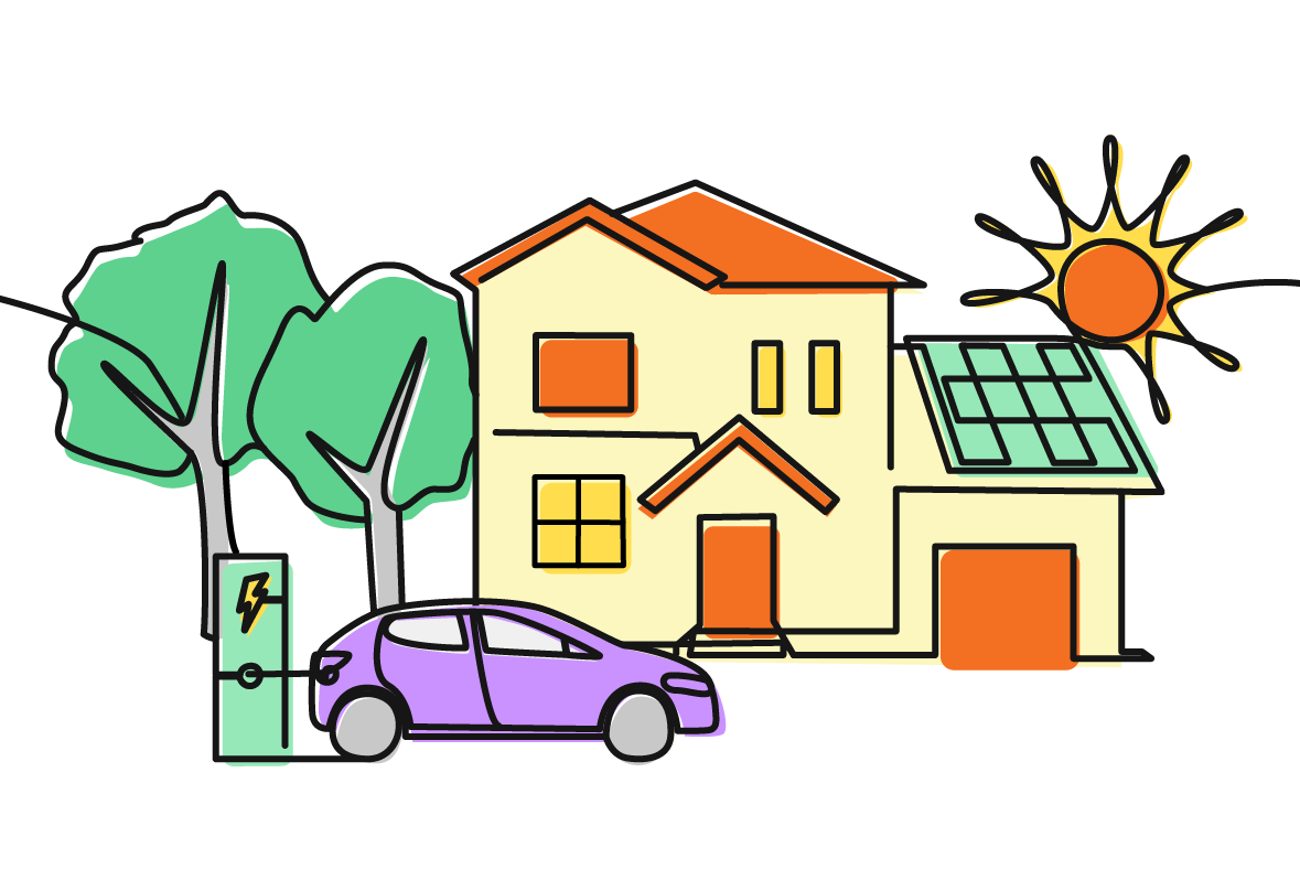 A colorful illustration of a house featuring a car in the driveway and solar panels installed on the roof for energy efficiency.