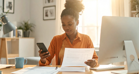A woman in an orange shirt sits at a desk, focused on her phone while surrounded by office supplies.