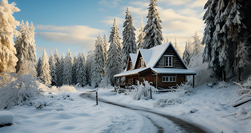 Winter scene with vacant home
