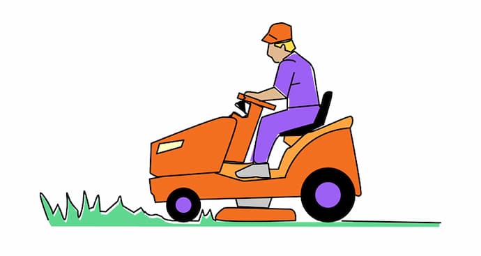 A man riding a lawn mower against a plain white background.