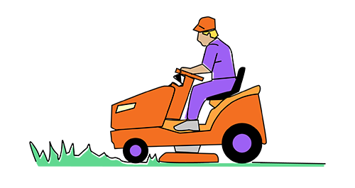 A man riding a lawn mower against a plain white background.