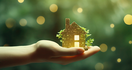 Person holding glittery house with greenery in hand