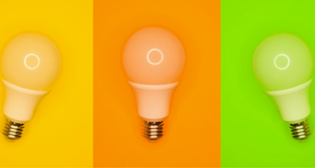 Image of three lightbulbs on different colours