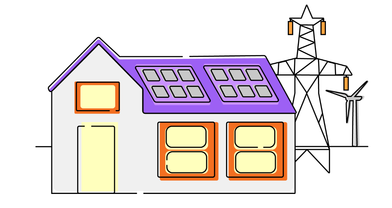 A colorful illustration of a house featuring a car in the driveway and solar panels installed on the roof for energy efficiency.