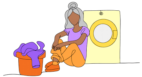 illustration of a woman leaning on a dyer with a basket of clothes in front of her
